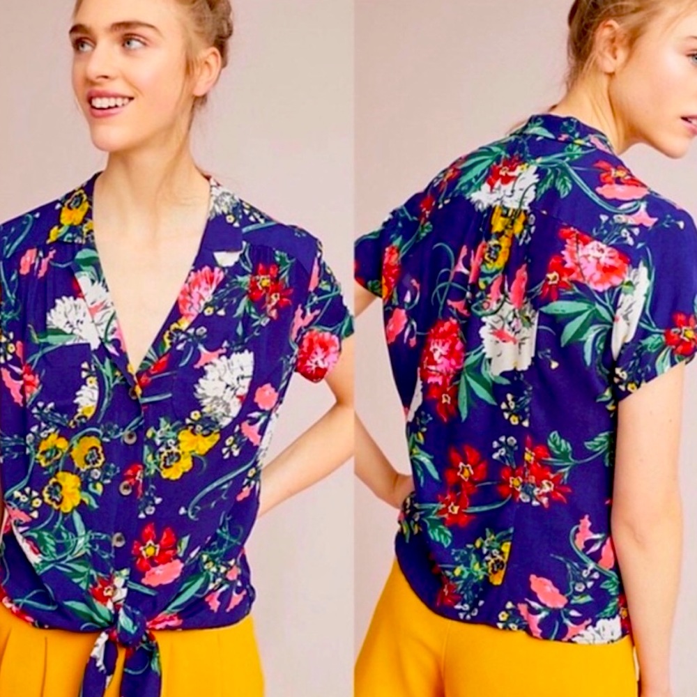 Anthropologie Floral Tie-Front Blouse - Blue and Multicolor